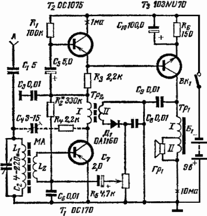 Схема простого рефлексного радиоприёмника на транзисторах